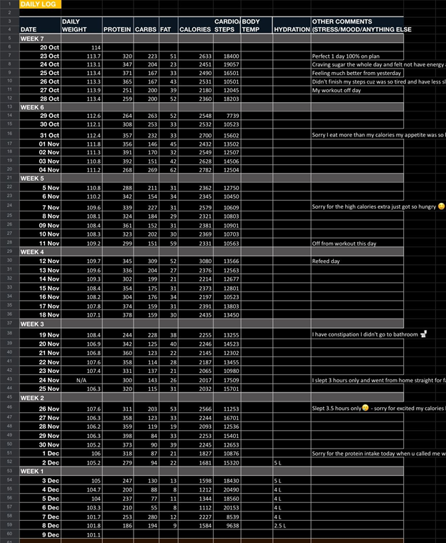 Detailed Daily Log - How to Measure Your Fat Loss Muscle Gain Progress by Personal Trainer in Dubai UAE